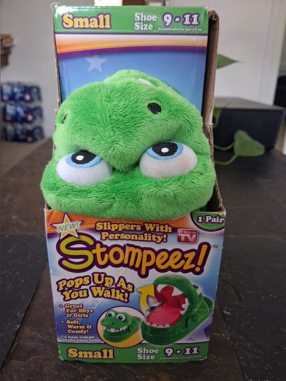Small Green Plush Slippers (Shoe Size 9-11)